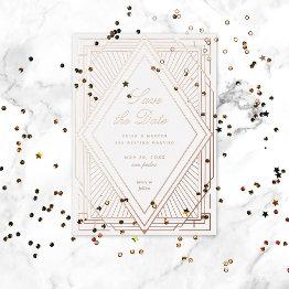 Small Art Deco Save The Date Diamond White Rose Gold Foil Invitation Front View
