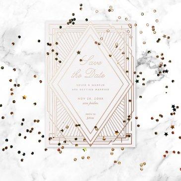 art deco save the date diamond white rose gold foil invitation