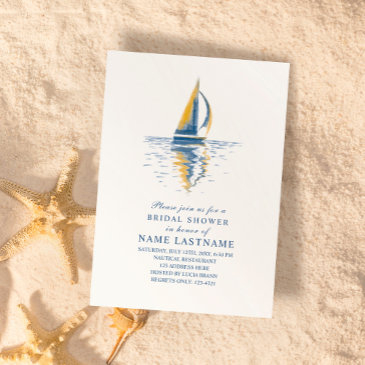 art navy blue yellow sailing boat bridal shower invitation
