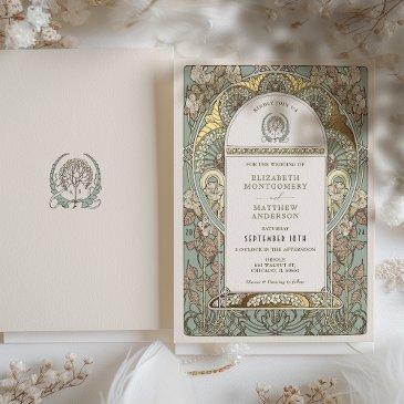 art nouveau botanical foil wedding gold accents foil invitation