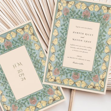 art nouveau butterfly and clover wedding invitation