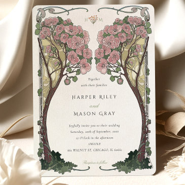 art nouveau floral arch tree love wedding invitation