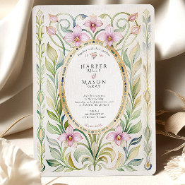 Small Art Nouveau Orchid & Foliage Gold Wedding Invitation Front View