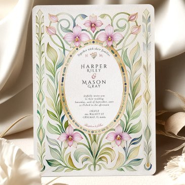 art nouveau orchid & foliage gold wedding invitation