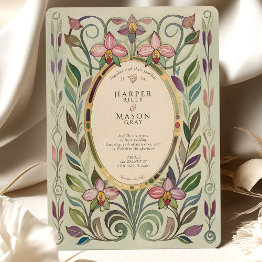 Small Art Nouveau Orchid & Foliage Gold Wedding Invitation Front View