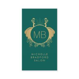Small Art Nouveau Peacocks Monogram Logo Gold/green Business Invitations Front View