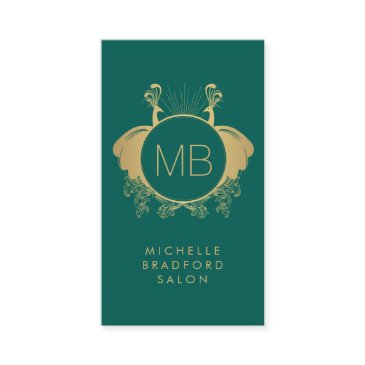 art nouveau peacocks monogram logo gold/green business invitations