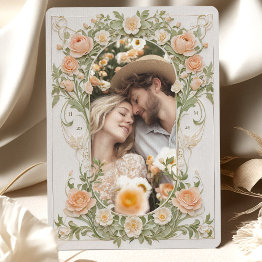 Small Art Nouveau Photo Wedding Peach Ranunculus Invitation Front View