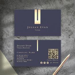 Small Artistic Elegant Detail Navy Blue And Gold Business Invitations Front View