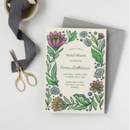 Small Artistic Scandinavian Folk Floral Bridal Shower Invitation Front View