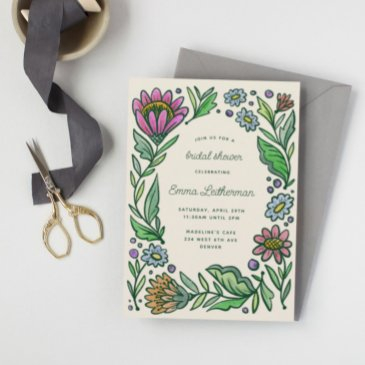 artistic scandinavian folk floral bridal shower invitation