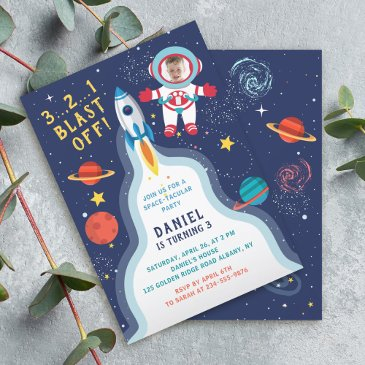astronaut outer space rocket ship birthday photo invitation