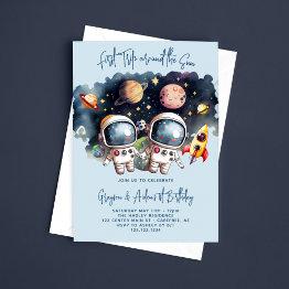 Small Astronaut Planets Twin Boys 1st Birthday Invitation Front View