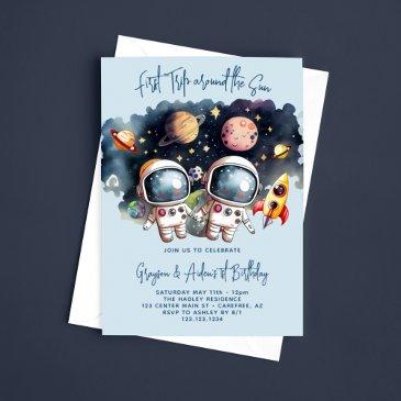 astronaut planets twin boys 1st birthday invitation