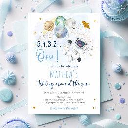 Small Astronaut Space First Trip Around The Sun Birthday Invitation Front View