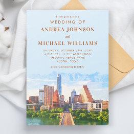 Small Austin Texas Watercolor City Skyline Wedding Invitation Front View