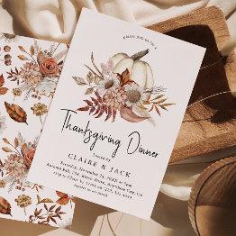 Small Autumn Floral Pumpkin Thanksgiving Dinner Invitation Front View
