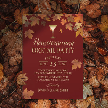autumn leaves burgundy red housewarming party invitation