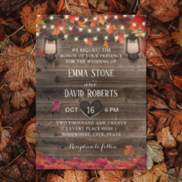 Small Autumn Leaves Lanterns & String Light Fall Wedding Invitation Front View