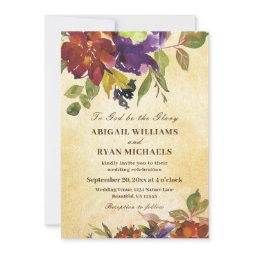 autumn purple burnt orange christian wedding invitation