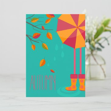 autumn rain boots and umbrella fall leaves invitation