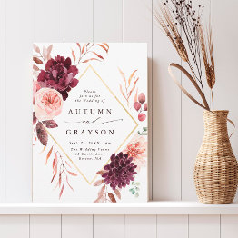 Small Autumn Romance Gold Frame Burgundy Wedding Invitation Front View