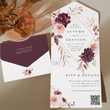 autumn romance gold geometric wedding qr code all in one invitation