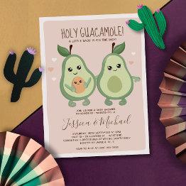 Small Avocado Holy Guacamole Lesbian Baby Shower Invitation Front View