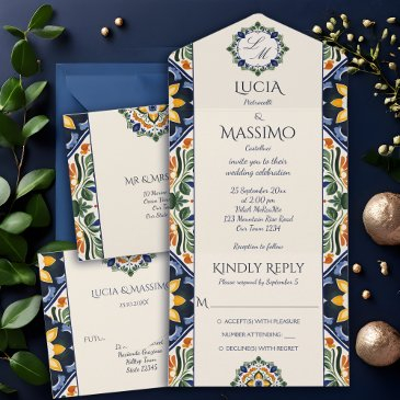 azulejo blue talavera vintage mexican wedding all in one invitation