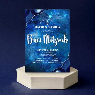 b’nei mitzvah modern blue agate watercolor script invitation