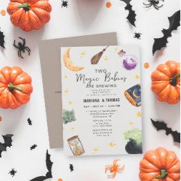 Small Babies Brewing Twins Neutral Halloween Baby Shower Invitation Front View
