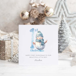 Small Baby 1st Christmas Cute Snowman Holiday Invitations Front View