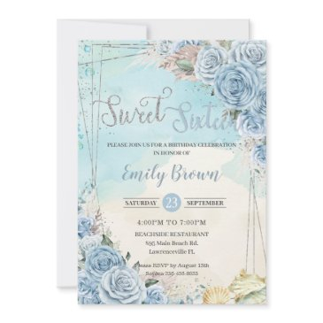 baby blue floral beach pampas sweet 16 birthday invitation