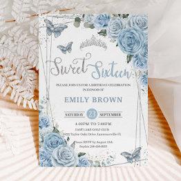 Small Baby Blue Floral Butterflies Sweet Sixteen 16th Invitation Front View