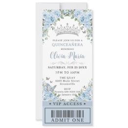 Small Baby Blue Floral Butterfly Quinceañera Vip Ticket Invitation Front View