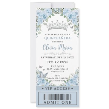 baby blue floral butterfly quinceañera vip ticket invitation