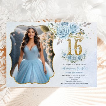 baby blue floral gold sweet sixteen birthday photo invitation