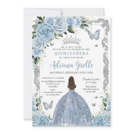 Small Baby Blue Floral Princess Dress Silver Quinceanera Invitation Front View