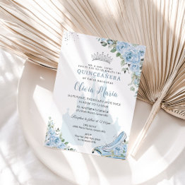 Small Baby Blue Floral Princess Glass Shoe Quinceañera Invitation Front View