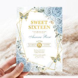 Small Baby Blue Gold Sweet 16 Butterfly Geometric Frame Invitation Front View