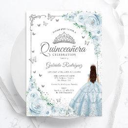 Small Baby Blue Watercolor Roses Silver Quinceanera Invitation Front View