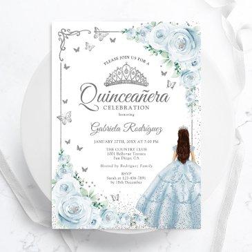 baby blue watercolor roses silver quinceanera invitation