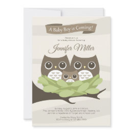 Small Baby Boy Owl Family Baby Shower Invitation Front View