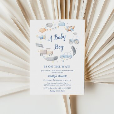 baby boy transportation cars baby shower invitation