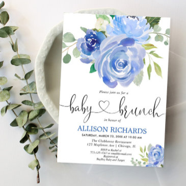 baby brunch boy shower blue floral watercolors invitation