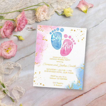 baby feet pink blue gender reveal budget invite