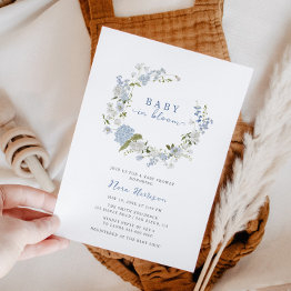 Small Baby In Bloom Blue Floral Wreath Baby Shower Invitation Front View