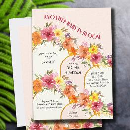 Small Baby In Bloom Floral Gold Arch Baby Sprinkle Invitation Front View