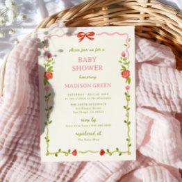 Small Baby In Bloom Hand Drawn Floral Bow Baby Shower Invitation Front View