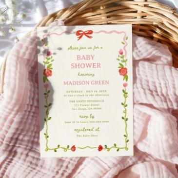 baby in bloom hand drawn floral bow baby shower invitation